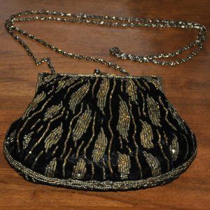 Vintage 70s Double Sided, Black Velvet, Gold Bead, Cross-body Purse Handbag